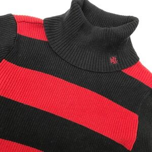 Vintage Lauren Ralph Lauren Sweater Women XS Red Black Striped Ribbed Turtleneck